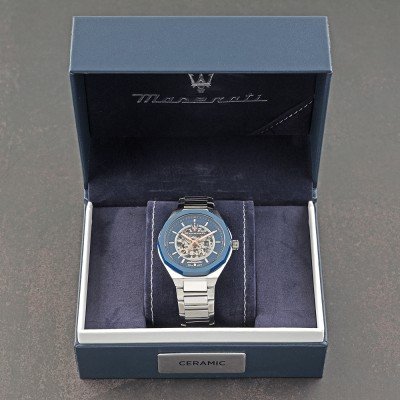 Maserati Stile watch in presentation box with blue and black packaging