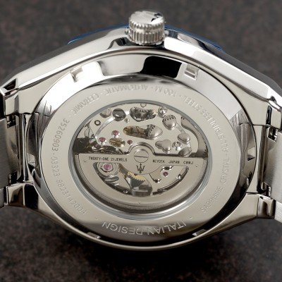 Maserati Stile watch caseback detail with visible skeleton mechanism