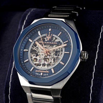 Maserati Stile skeleton dial detail with visible automatic movement and rose gold accents