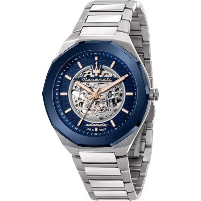 Maserati Stile skeleton watch with blue dial and two-tone stainless steel bracelet