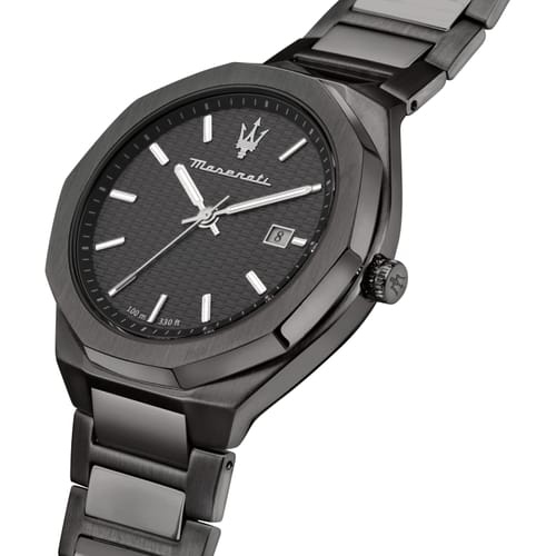 Maserati Stile men's watch shown at angle with dark steel bracelet and dial