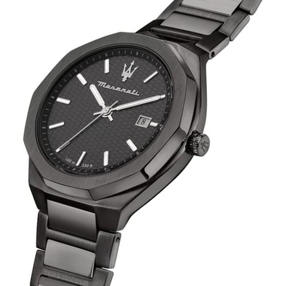 Maserati Stile men's watch shown at angle with dark steel bracelet and dial
