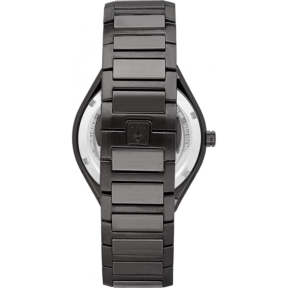Case back view of Maserati Stile men's watch with Maserati logo on steel bracelet