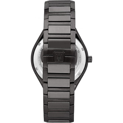 Case back view of Maserati Stile men's watch with Maserati logo on steel bracelet