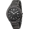 Maserati Stile men's watch with dark dial, white hour markers, and steel bracelet