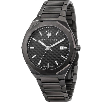 Maserati Stile men's watch with dark dial, white hour markers, and steel bracelet