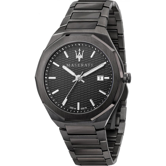 Maserati Stile men's watch with dark dial, white hour markers, and steel bracelet