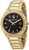 Maserati Stile gold men's watch with black dial and gold-tone stainless steel case and bracelet