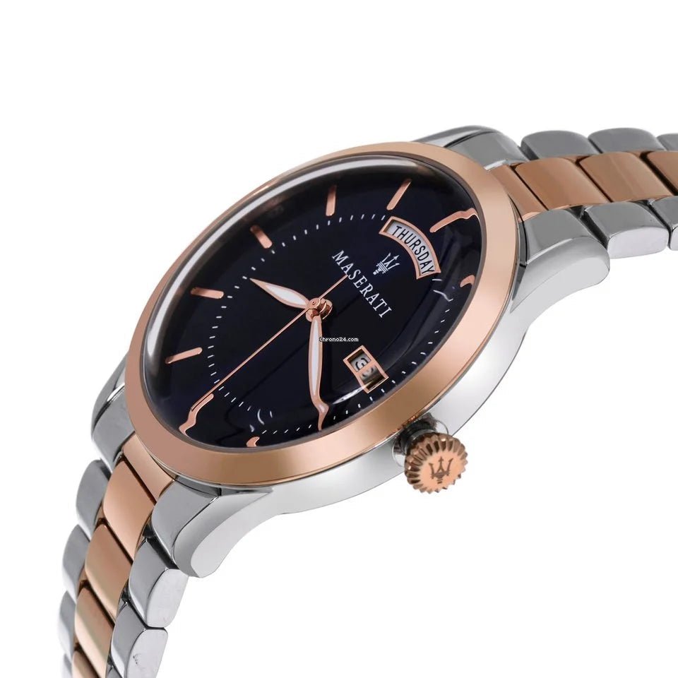 Maserati Tradizione watch at angle showing blue dial and two-tone bracelet