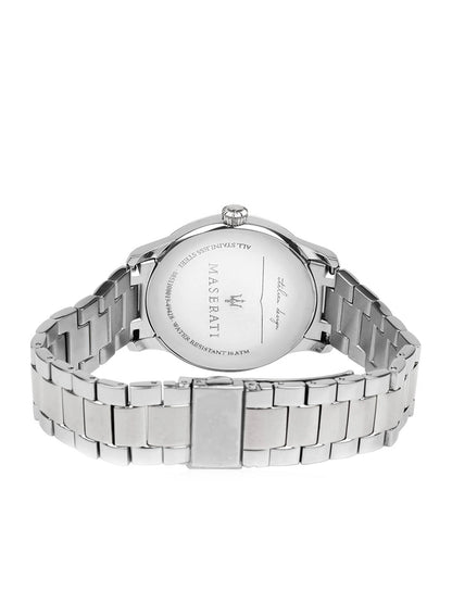 Maserati Tradizione caseback showing stainless steel bracelet and engraved case details