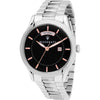 Maserati Tradizione men's watch with black dial, rose gold hands, and stainless steel bracelet