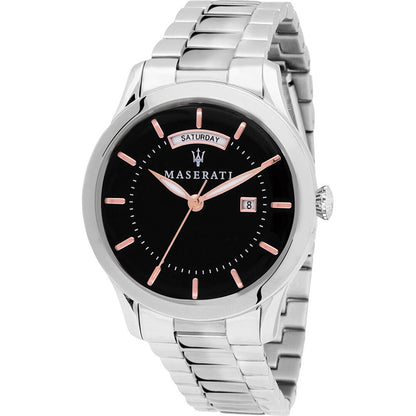 Maserati Tradizione men's watch with black dial, rose gold hands, and stainless steel bracelet