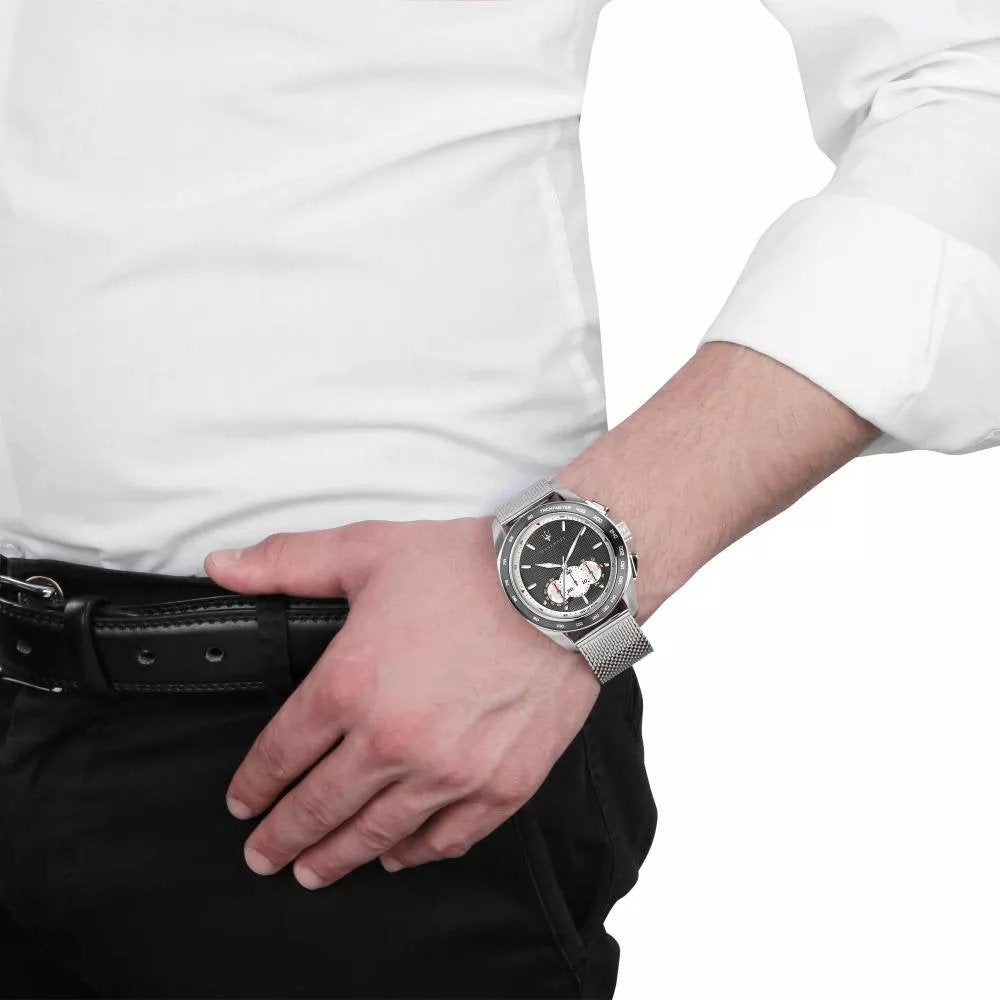 Maserati Traguardo chronograph watch worn on wrist with steel mesh band