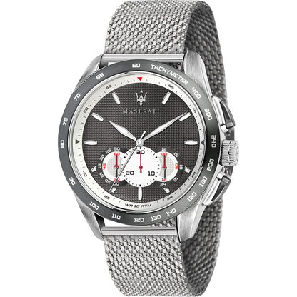 Maserati Traguardo chronograph men's watch with steel mesh band, black dial, and tachymeter bezel
