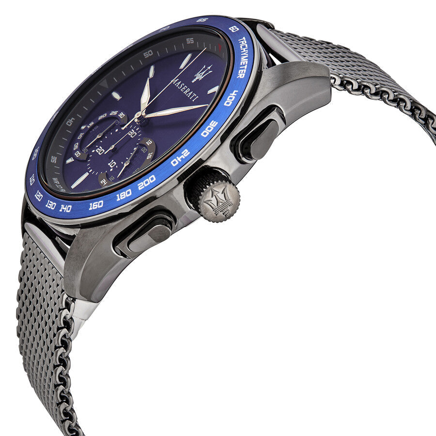 Maserati Traguardo Chronograph side view showing blue dial, chronograph subdials, and case profile
