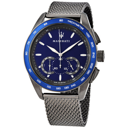 Maserati Traguardo Chronograph watch with blue dial and blue tachymeter bezel on mesh strap