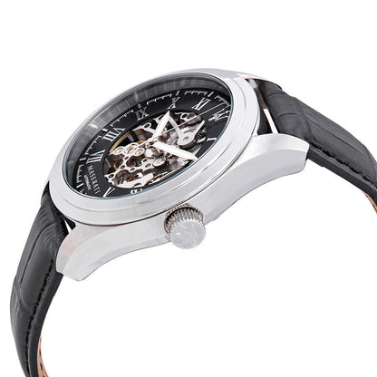 Side angle view of Maserati Traguardo watch with stainless steel case and black leather strap