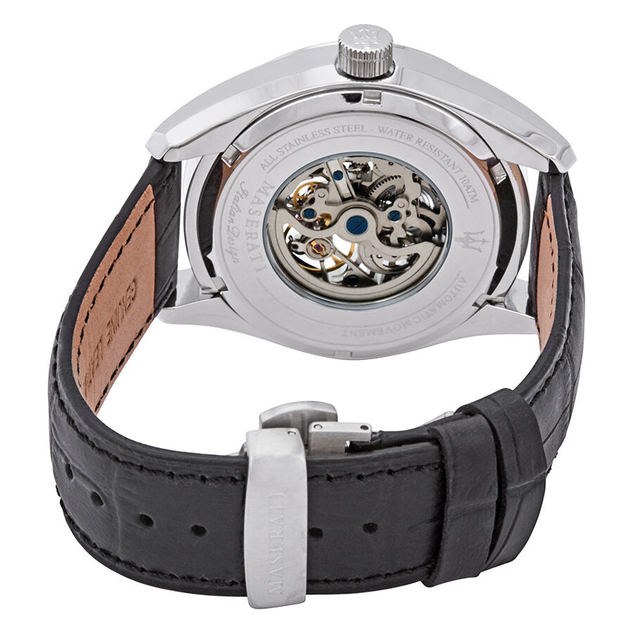 Maserati Traguardo caseback showing visible skeleton movement through exhibition window