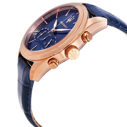 Maserati Traguardo chronograph with blue dial, rose gold case, and blue leather strap
