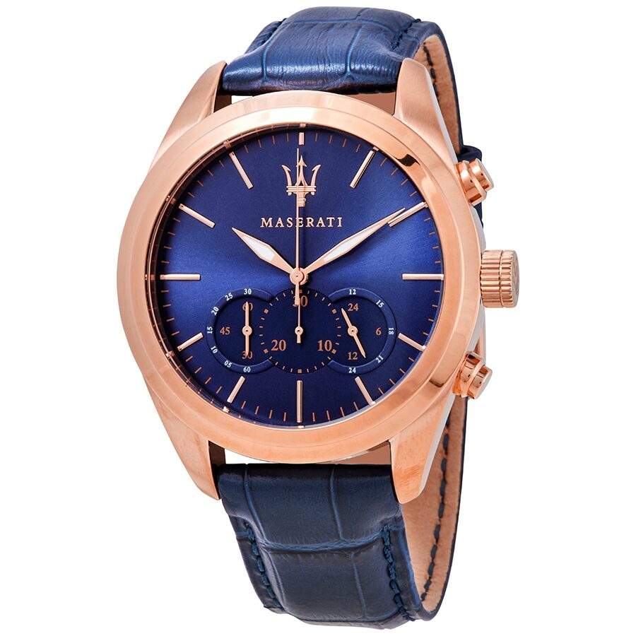 Maserati Traguardo chronograph watch with blue sunburst dial and rose gold case