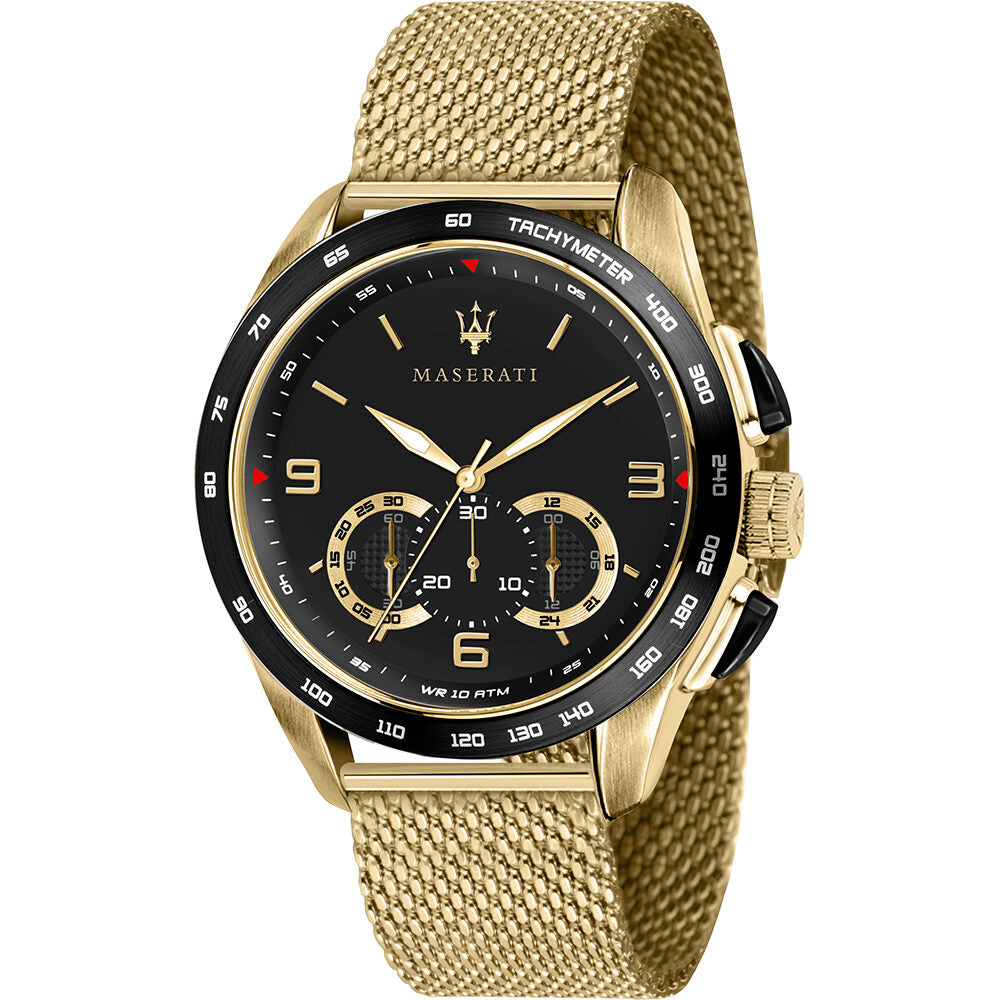 Maserati Traguardo chronograph watch with black dial, gold case and mesh bracelet