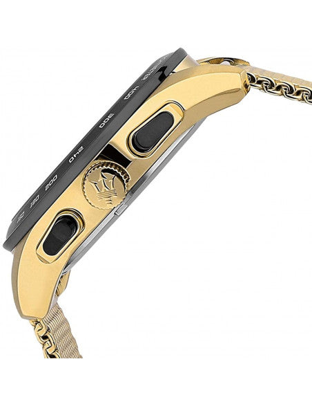 Side view of Maserati Traguardo showing gold-tone case profile and mesh bracelet