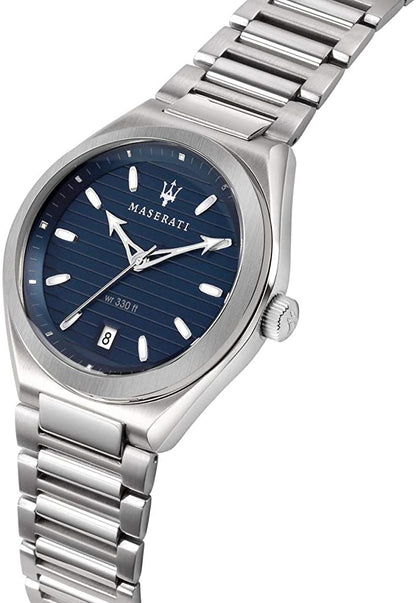 Maserati Triconic watch at angle showing blue dial and metal bracelet