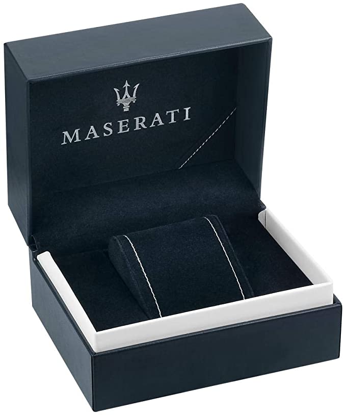 Maserati Triconic watch with branded presentation box and navy blue cushion insert