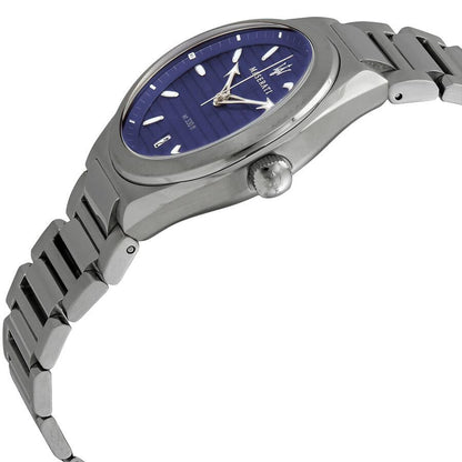 Maserati Triconic watch side view showing stainless steel case and bracelet