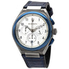 Maserati Triconic chronograph watch with white dial, blue bezel, and dark blue leather strap