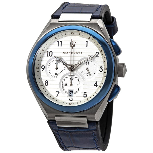 Maserati Triconic chronograph watch with white dial, blue bezel, and dark blue leather strap
