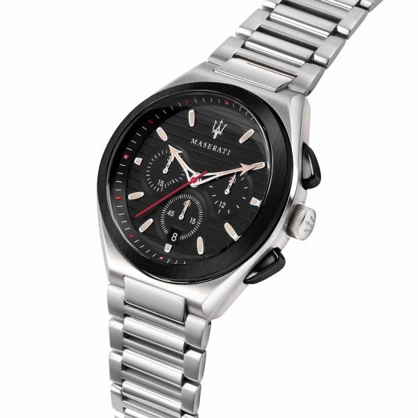 Maserati Triconic chronograph watch with black dial and steel bracelet angle