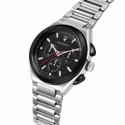 Maserati Triconic chronograph watch with black dial and steel bracelet angle