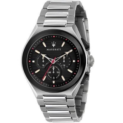 Maserati Triconic chronograph watch with black dial, stainless steel bracelet