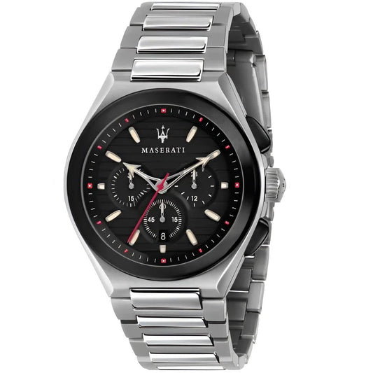 Maserati Triconic chronograph watch with black dial, stainless steel bracelet