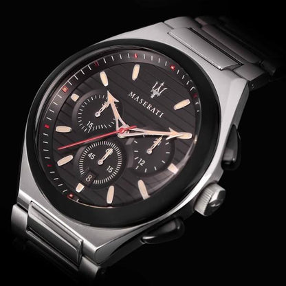 Maserati Triconic chronograph dial detail with subdials and red accents