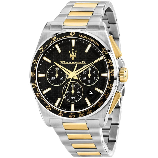 Maserati Velocità R8873652003 two-tone chronograph watch with black dial and gold accents