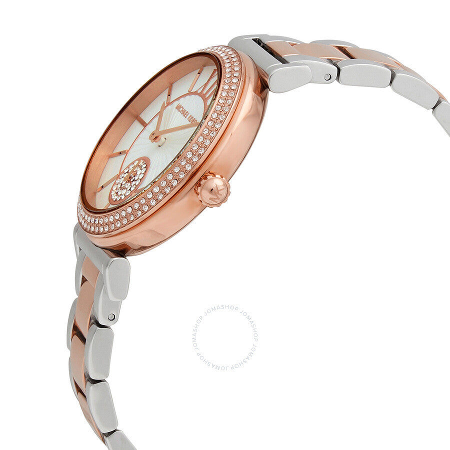 Side angle view of Michael Kors Abbey watch showing rose gold case with crystal bezel and two-tone bracelet