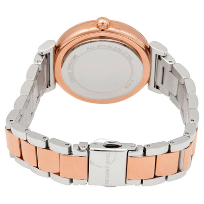Caseback view of Michael Kors Abbey watch showing rose gold case back and two-tone stainless steel bracelet