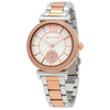 Michael Kors Abbey quartz watch with crystal-set rose gold bezel, white dial, and two-tone bracelet