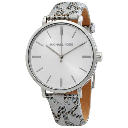 Michael Kors Addyson watch three-quarter view showing white dial and patterned leather strap