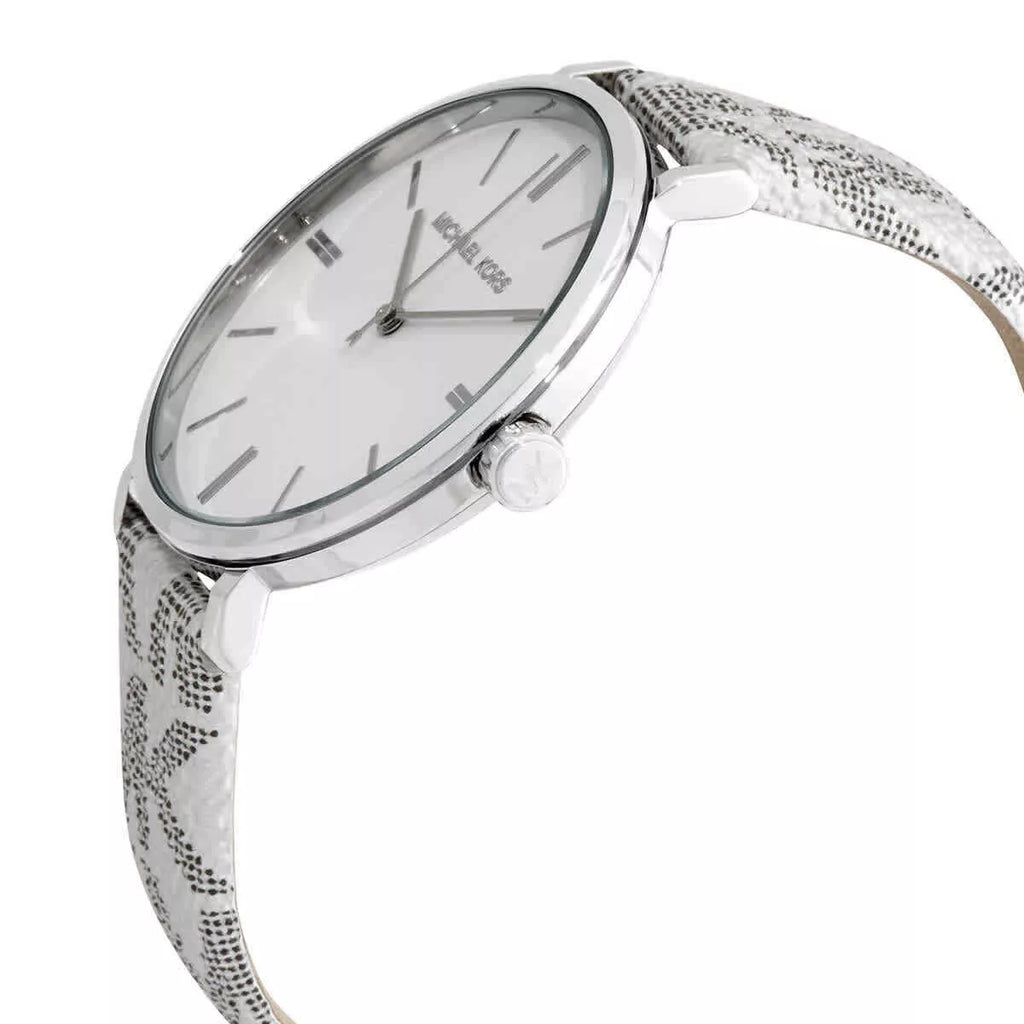 Michael Kors Addyson watch worn on wrist showing white dial and case