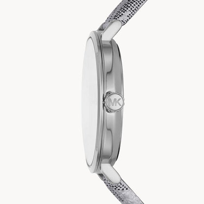 Michael Kors Addyson watch side profile showing slim case and leather strap