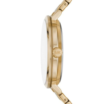 Michael Kors Addyson side profile showing gold-tone case and bracelet with MK logo