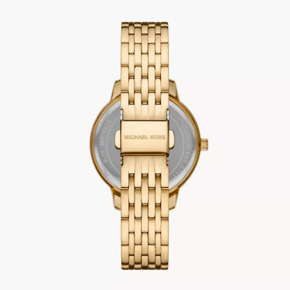 Back case view of Michael Kors Adrianna I watch showing MK logo on gold-tone caseback