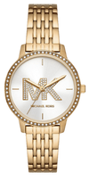 Michael Kors Adrianna I gold-tone women's watch with white dial, crystal bezel, and MK logo