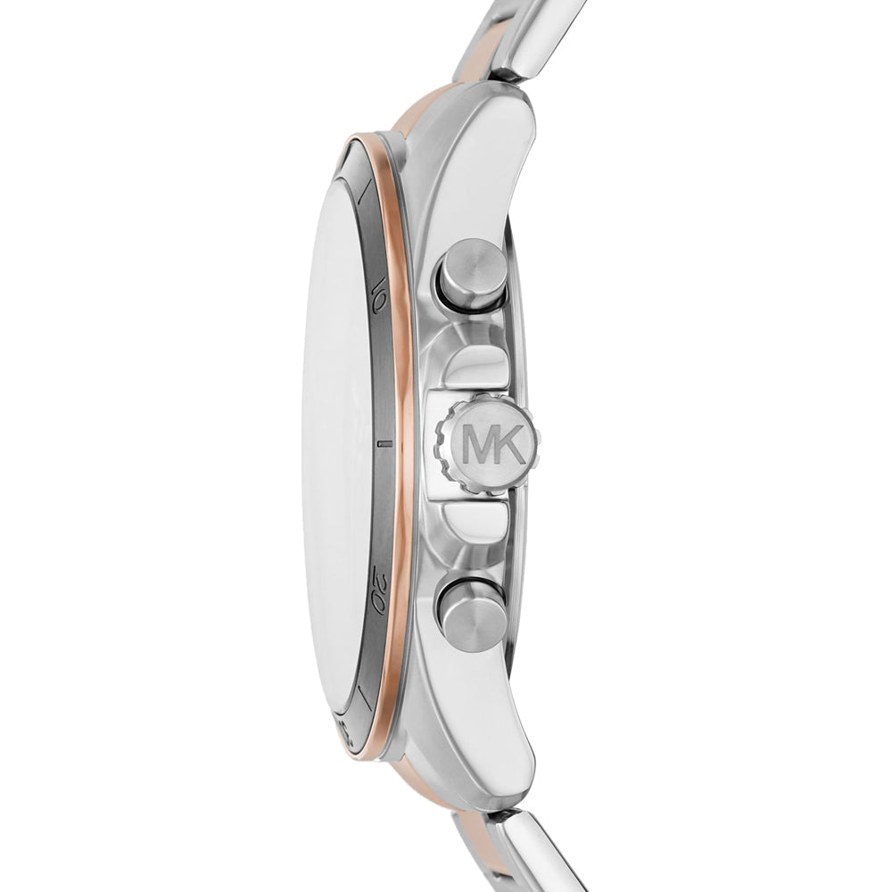 Side view of Michael Kors Alek watch showing two-tone stainless steel and rose gold bracelet
