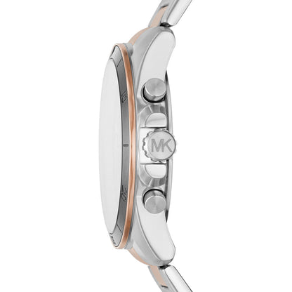 Side view of Michael Kors Alek watch showing two-tone stainless steel and rose gold bracelet