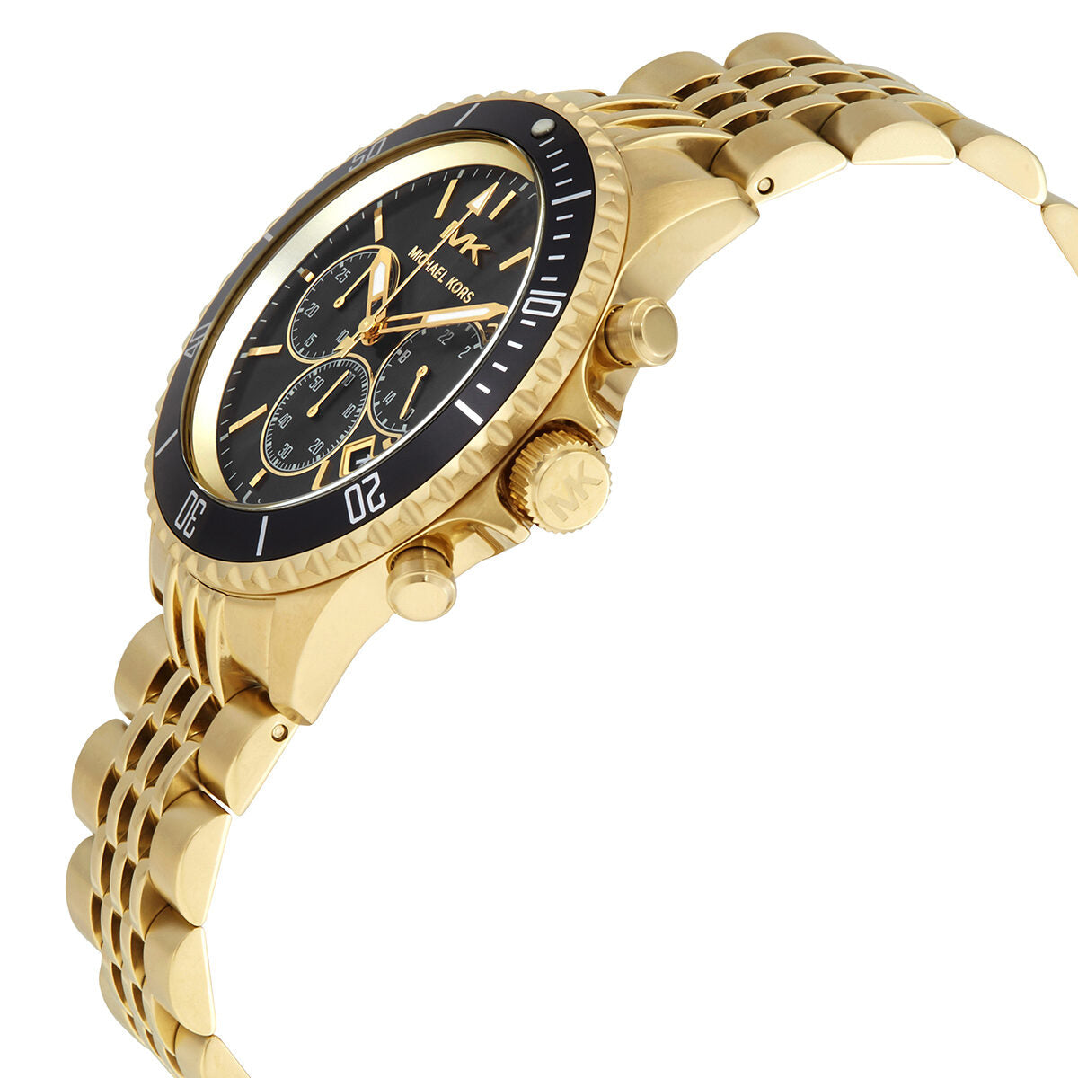 Michael Kors Bayville watch angled view showing case profile and gold bracelet