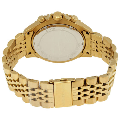 Michael Kors Bayville watch caseback showing gold-tone case and bracelet
